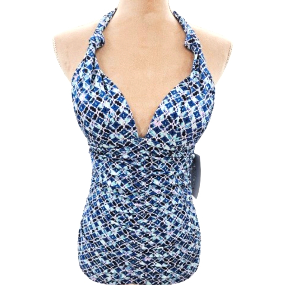 NWT Athleta Aqualuxe Print Halter Tankini Top Size Small Blue Geometric Swimwear